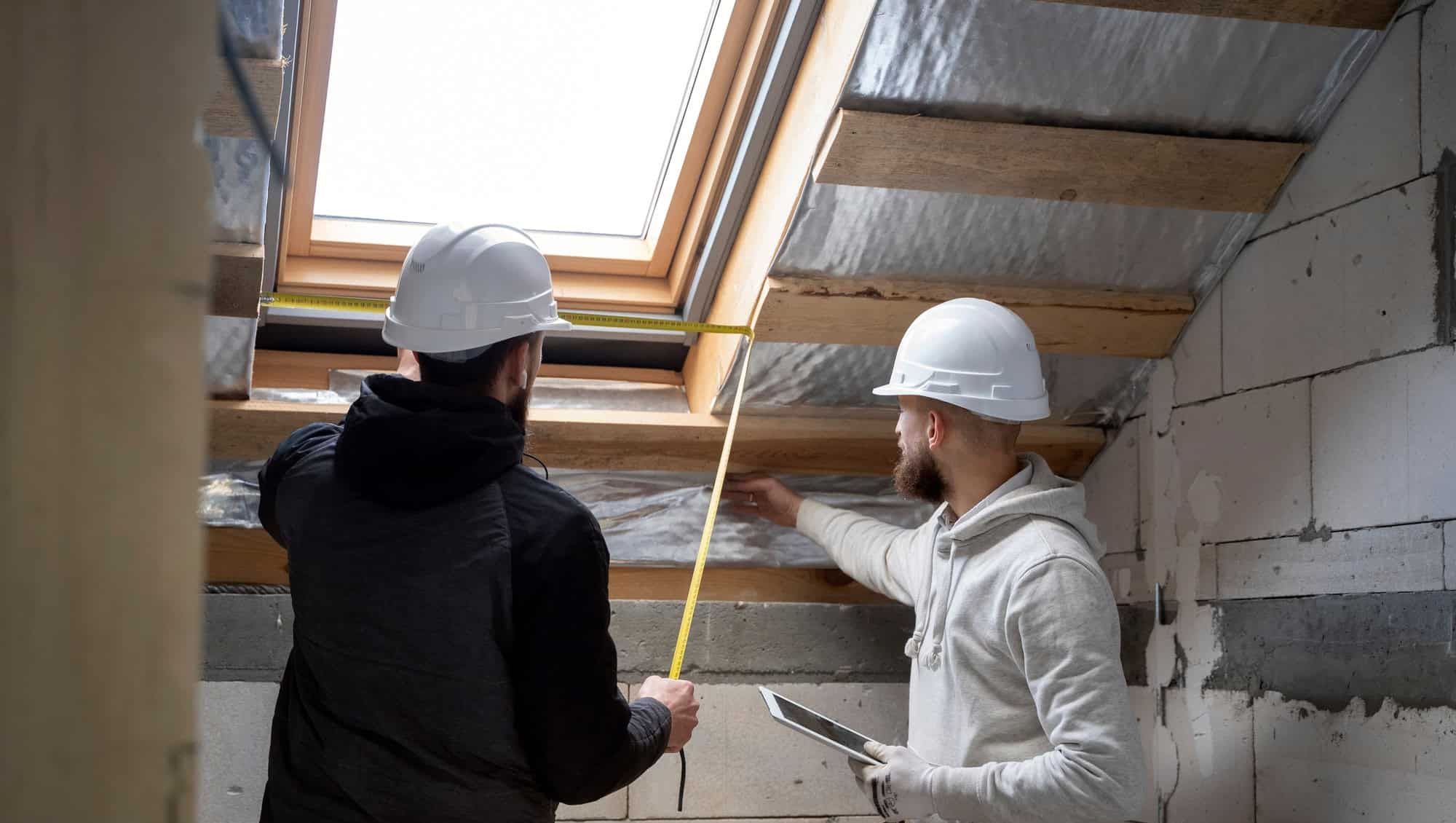 To håndverkere måler og planlegger montering rundt takvindu under oppføring av bolig.